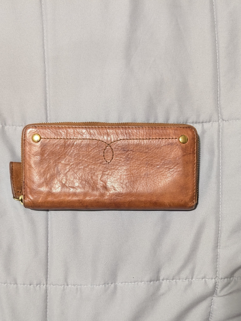 Frye Brown Leather Zip-Around Wallet with Brass Accents